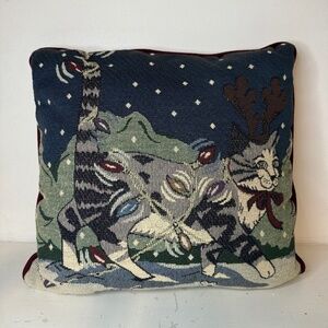 Vintage Christmas Lights Tangled Cat Needlepoint Pillow Cushion by Portofino